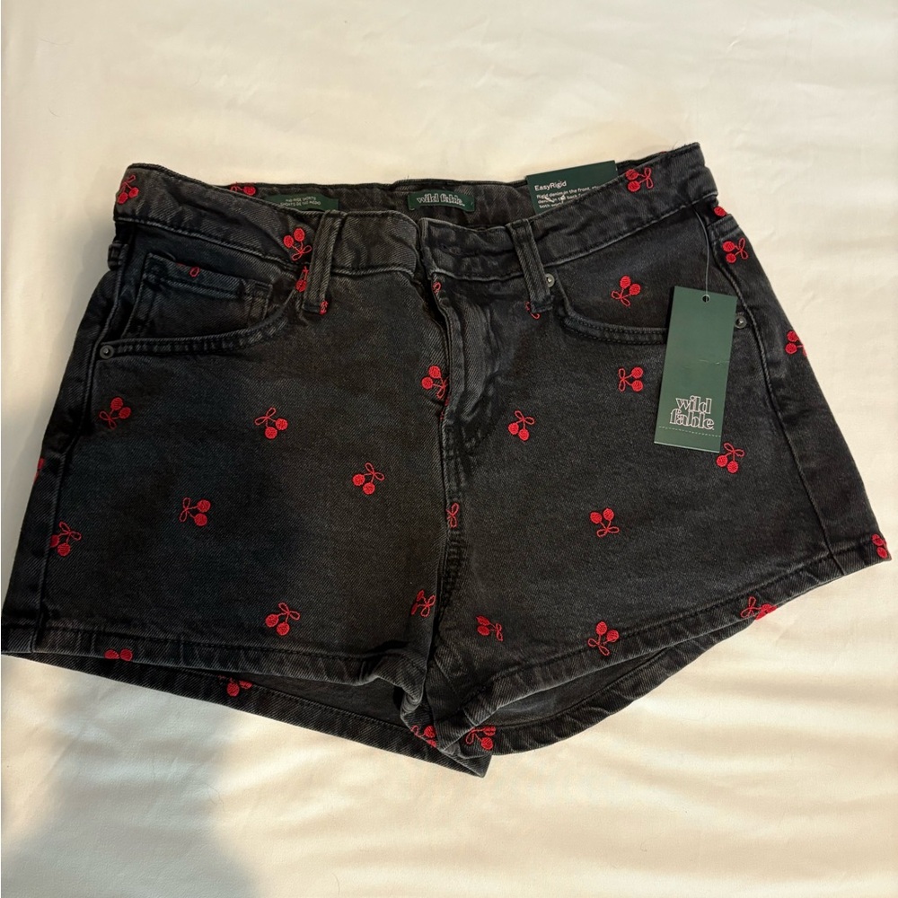 Wild Fable Black and Red Jean Shorts with Embroidered Details